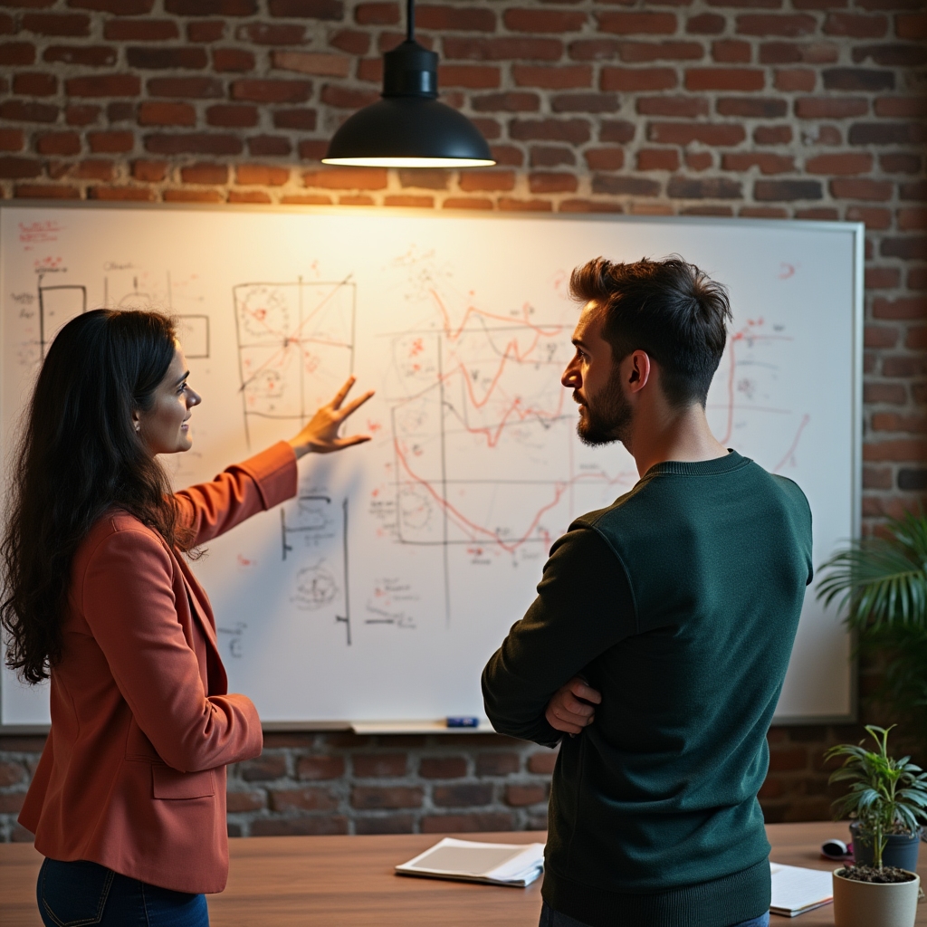 Team diskutiert Datendarstellung an Whiteboard