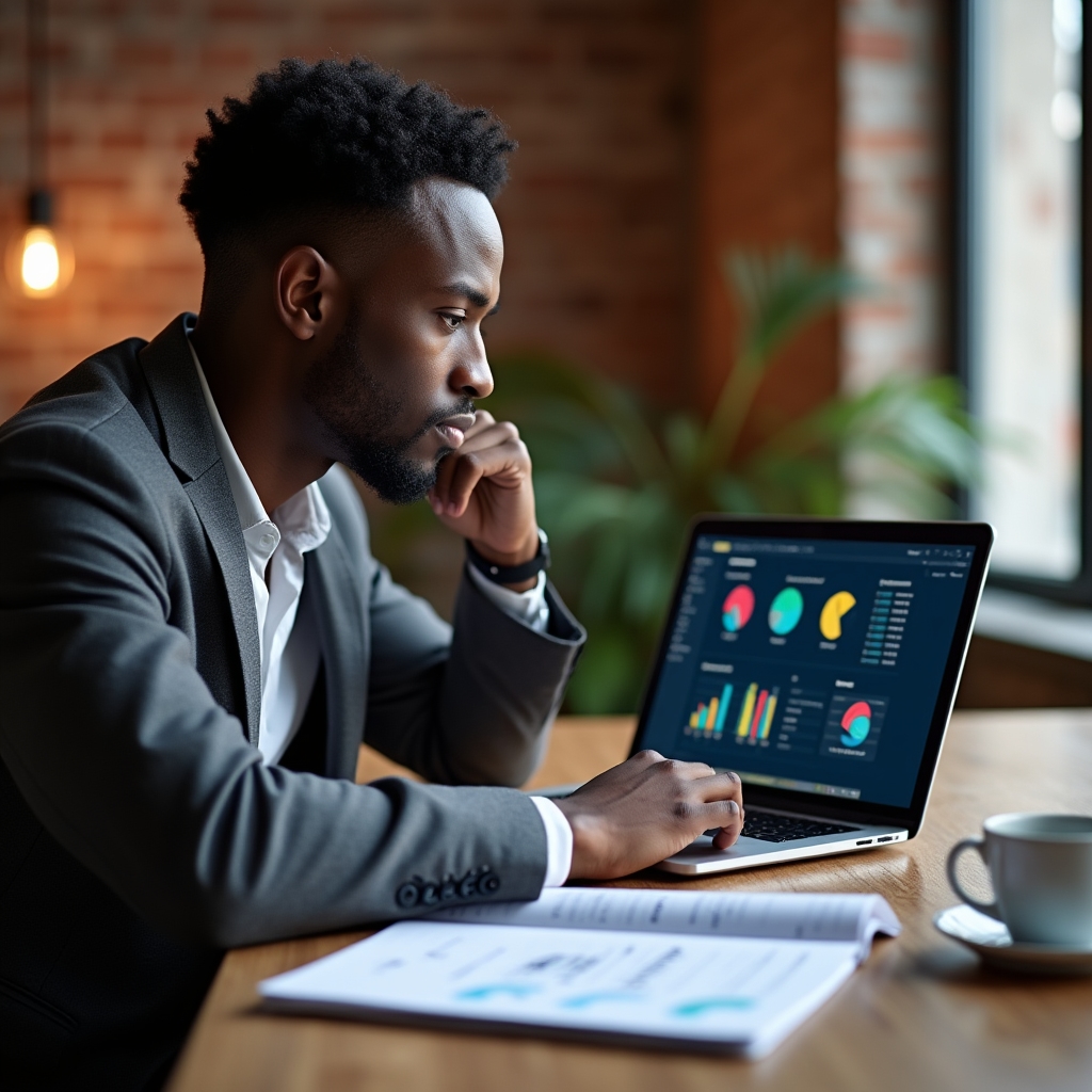 Managerin prüft Datenberichte auf Laptop
