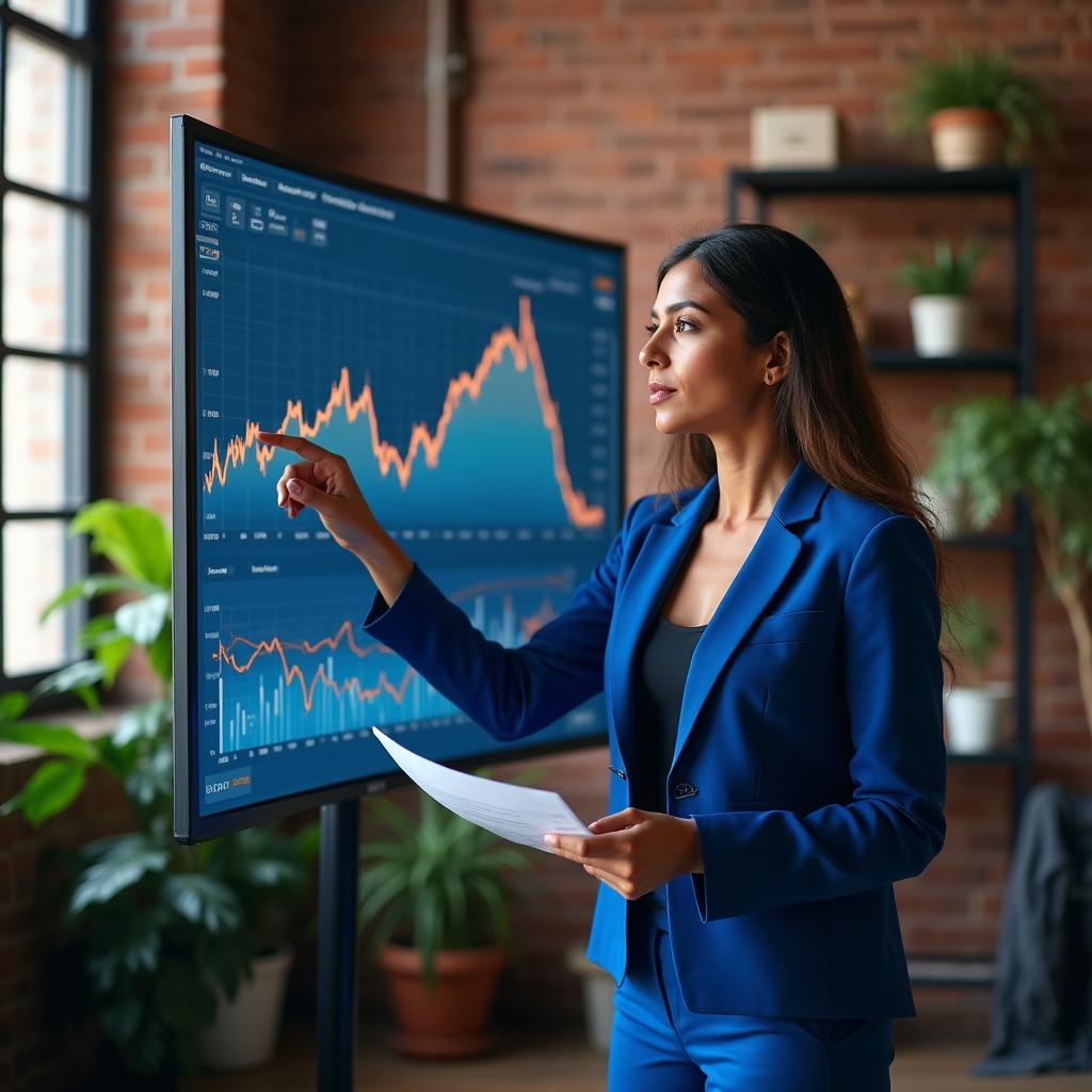 Unternehmerin analysiert Trendgrafiken auf großem Bildschirm